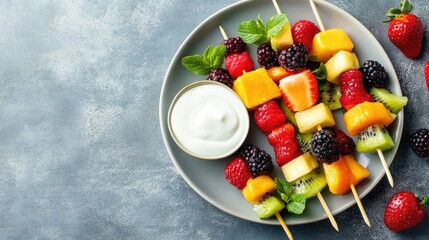 A vibrant plate of fruit skewers with dipping yogurt, with space for copy or promotional content.