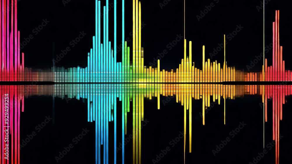 Poster Vibrant sound waves in various colors create an engaging visual display with reflections on a dark surface, illustrating dynamic audio frequencies.