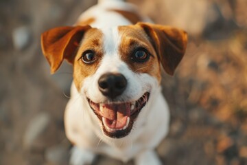 A curious dog looking directly at the camera, with brown and white fur