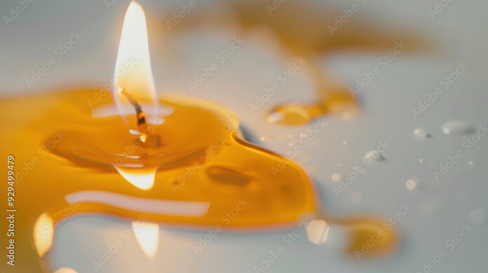 Poster candle is burning with melted wax around and water droplets on the surface, creating a warm and invi