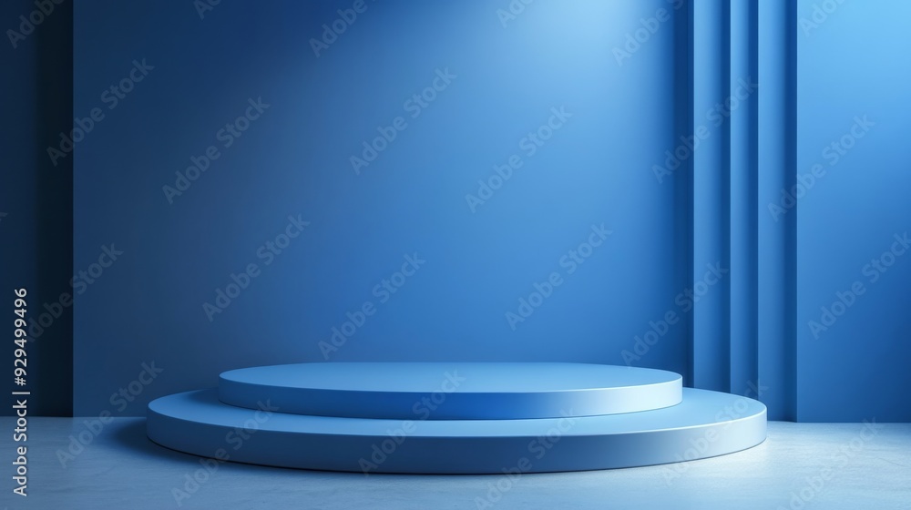 Poster podium background with a blue platform in a 3d studio stage. features a modern, abstract floor and m