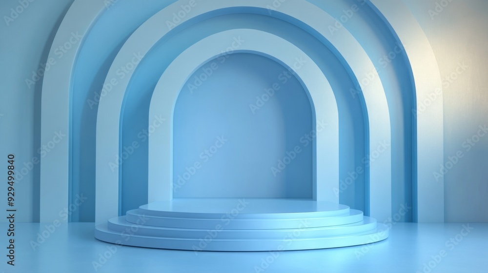 Poster podium background with a blue platform in a 3d studio stage. features a modern, abstract floor and m