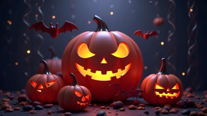 Naklejka premium Glowing jack-o'-lanterns surrounded by hanging bats, ribbons, and soft festive lights