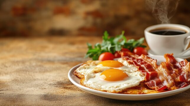 Breakfast menu with images of eggs, bacon, and fresh coffee, displayed on a warm, inviting background, ideal for a cozy - Powered by Adobe