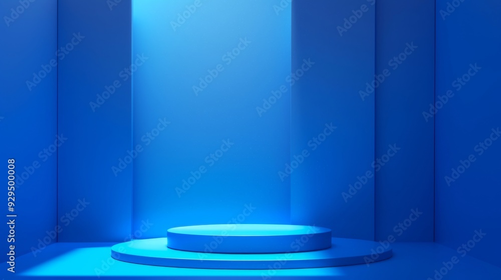 Poster podium background with a blue platform in a 3d studio stage. features a modern, abstract floor and m