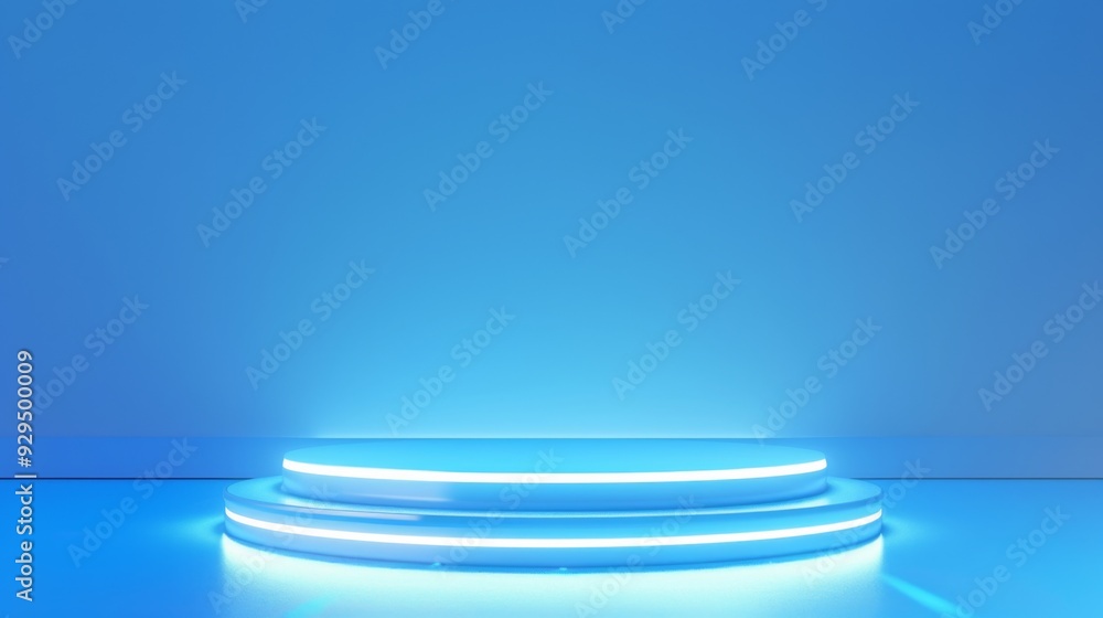 Poster podium background with a blue platform in a 3d studio stage. features a modern, abstract floor and m