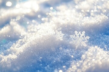 Snowflakes On Snow - Christmas And Winter Background - Natural Snowdrift Close Up With Abstract Light , ai