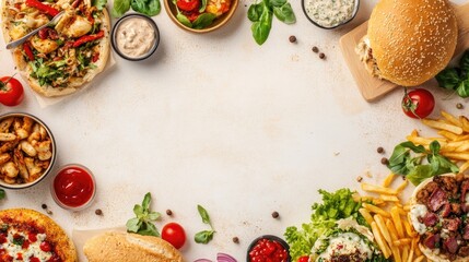 Casual food menu with playful images of comfort foods, with large copy space for customizable text and pricing.