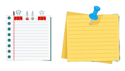 Note paper with pin, binder clip, push pin, adhesive tape and tack. Blank sheet, sticky note, torn piece of paper and notebook page. Templates for a note message. Vector illustration