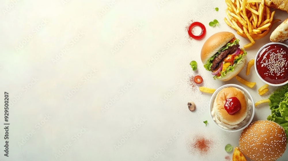 Poster clean fast food background with ample copy space, showcasing a variety of fast food items on a light
