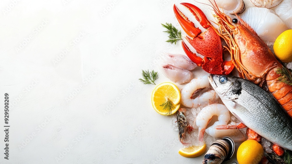 Poster clean seafood display with copy space, highlighting a selection of fresh fish and shellfish on a whi