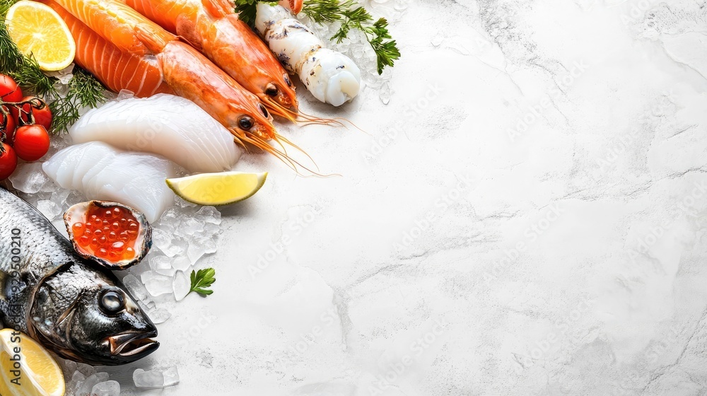 Poster clean seafood display with copy space, highlighting a selection of fresh fish and shellfish on a whi