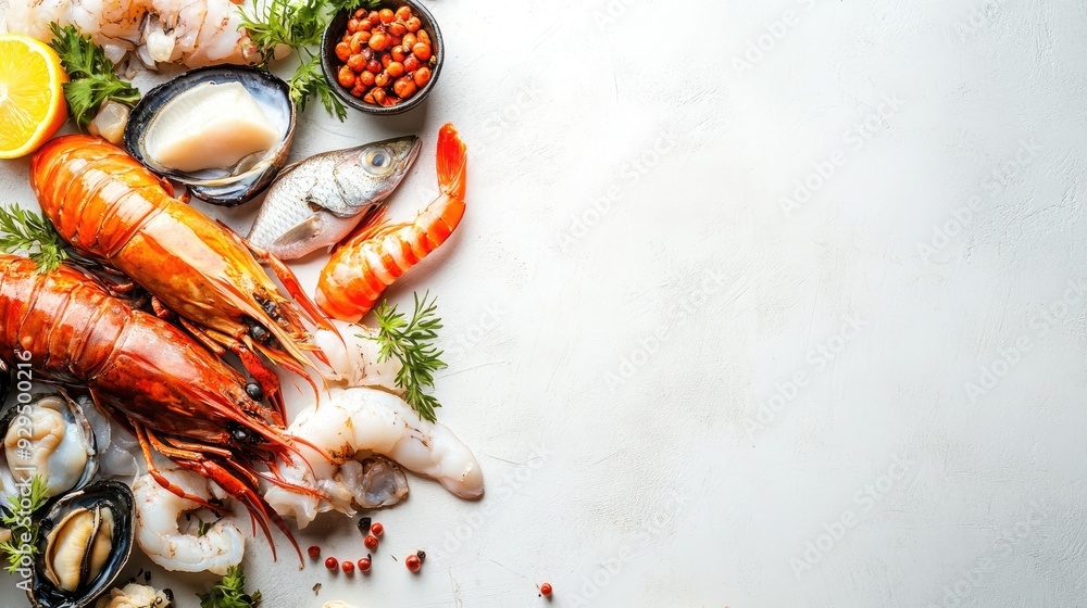 Poster clean seafood display with copy space, highlighting a selection of fresh fish and shellfish on a whi