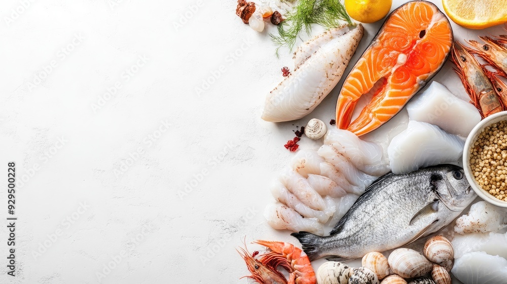 Poster clean seafood display with copy space, highlighting a selection of fresh fish and shellfish on a whi