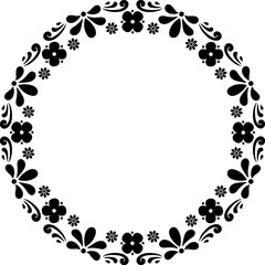 Black silhouette Scandinavian folk floral motifs round frame border