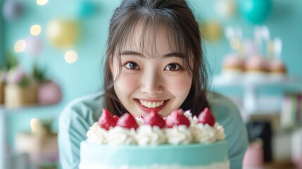 Excited Korean woman and birthday cake. Birthday celebration