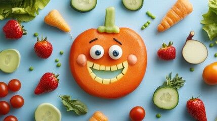 Naklejka premium Creative food art with a cheerful theme, perfect for kids, leaving room for promotional text.