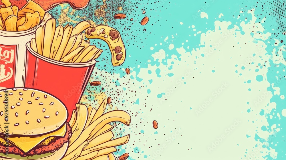 Poster dynamic fast food background with copy space, featuring a mix of popular fast food items and vibrant
