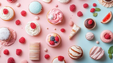 Obraz premium Dessert menu with elegant images of cakes, pastries, and ice cream, displayed on a pastel background with delicate fonts.