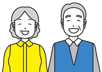 笑顔のシニア男女の上半身-正面-青と黄色