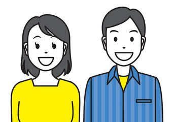 笑顔の男女の上半身-正面-青と黄色