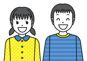 笑顔の小学生男女の上半身-正面-青と黄色