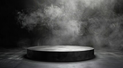 Podium with a black dark smoke background and abstract stage texture. Features a dramatic empty night room with a concrete wall, fog, spotlight, and smoky dust for showcasing products.
