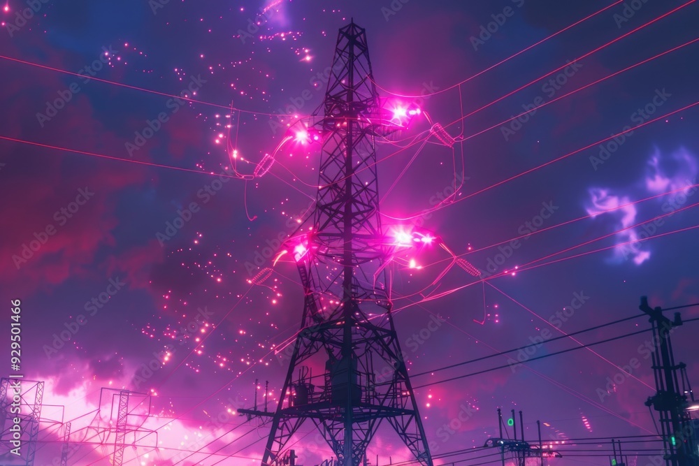 Poster A power line with fireworks exploding in the night sky