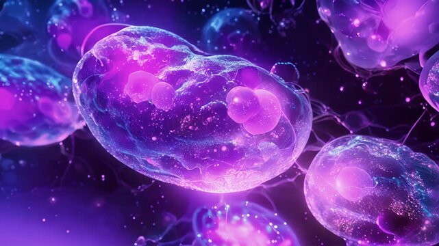 Fluorescence image of a cell undergoing mitosis with visible division of both the nucleus and mitochondria.