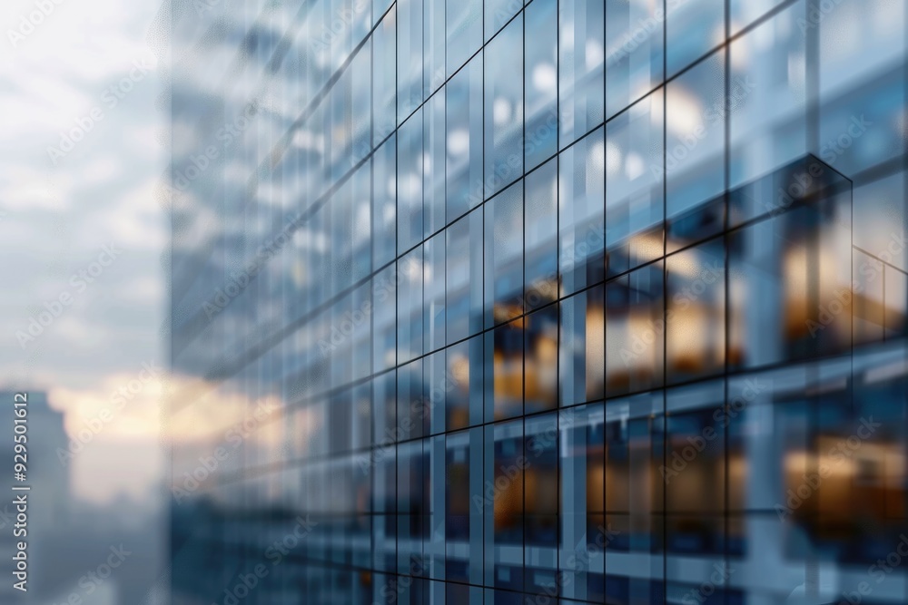 Poster A modern glass building featuring a clock on its side