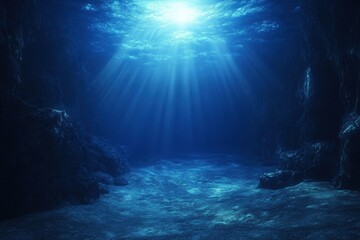 Obraz premium Underwater Sea - Deep Water Abyss With Blue Sun light , ai