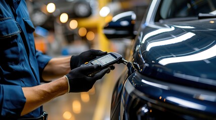 Professional auto service technicians utilizing advanced diagnostic tools to thoroughly assess the health of a modern vehicle,Emphasize the professionalism and technicality of automobile maintenance.