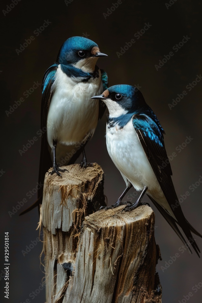 Poster a pair of birds perched on a tree stump, possibly in a forest or yard
