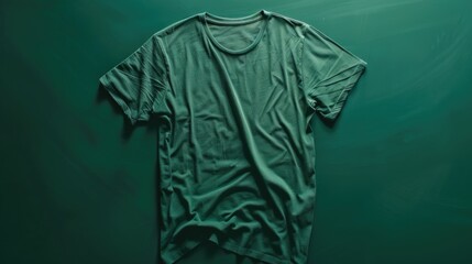 A casual, everyday scene of a green t-shirt hanging on a green wall