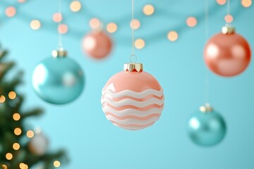 Fototapeta premium A close-up of elegant Christmas ornaments in soft pastel colors, featuring a combination of blush pink and mint blue baubles.