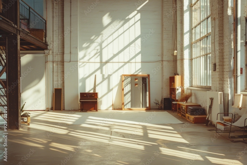 Poster a spacious room filled with numerous windows, perfect for interior design and architecture projects