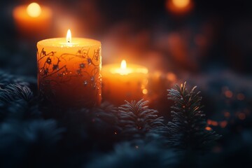 A serene close-up of a glowing orange candle surrounded by soft pine leaves, creating a warm and inviting atmosphere.