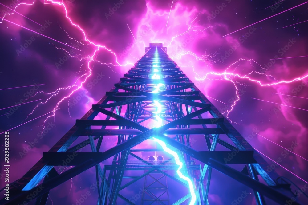 Poster a tower with a lightning bolt coming out of it, suitable for use in illustrations or designs related
