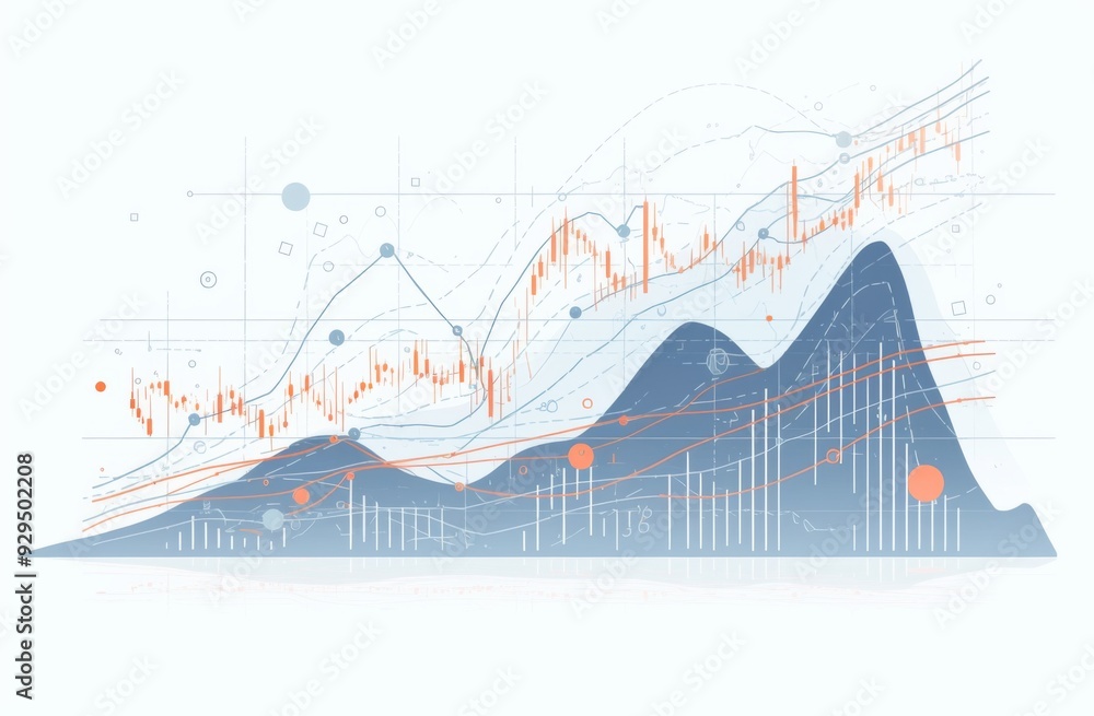Poster gray background with stock market chart, line graph, and connecting dots in gray color on a white ba