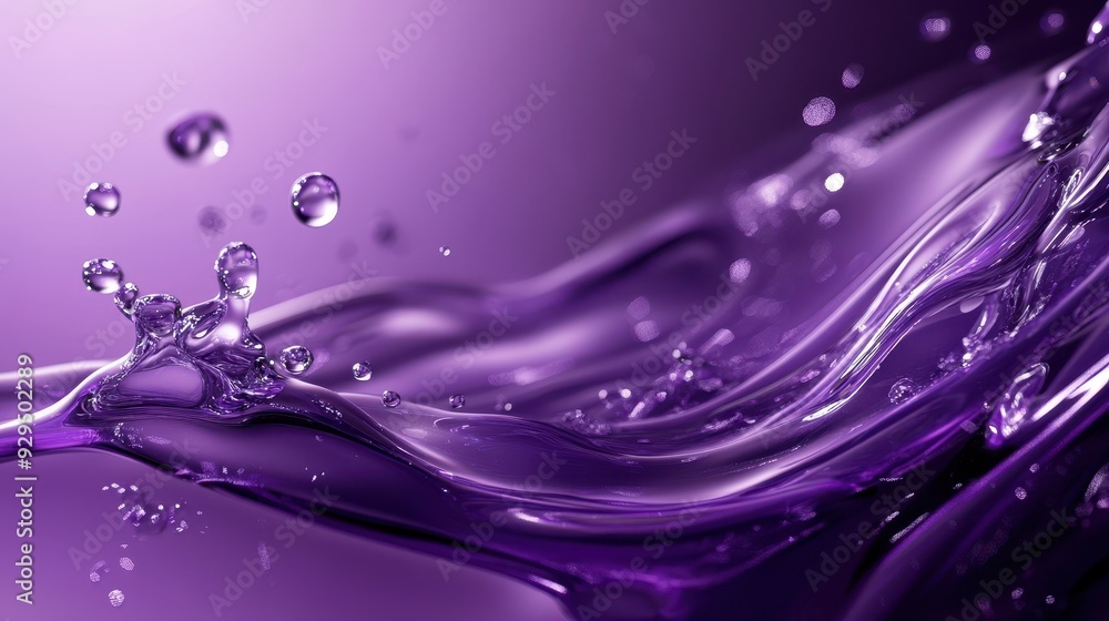 Poster a vibrant purple wave of water droplets creating a dynamic and fluid visual effect.