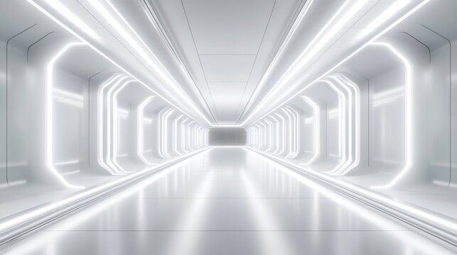 Empty futuristic 3D room with white background, abstract space technology tunnel, and modern neon lighting.