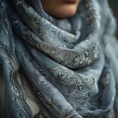 Close-up of a Gray Fabric with Intricate Floral Pattern