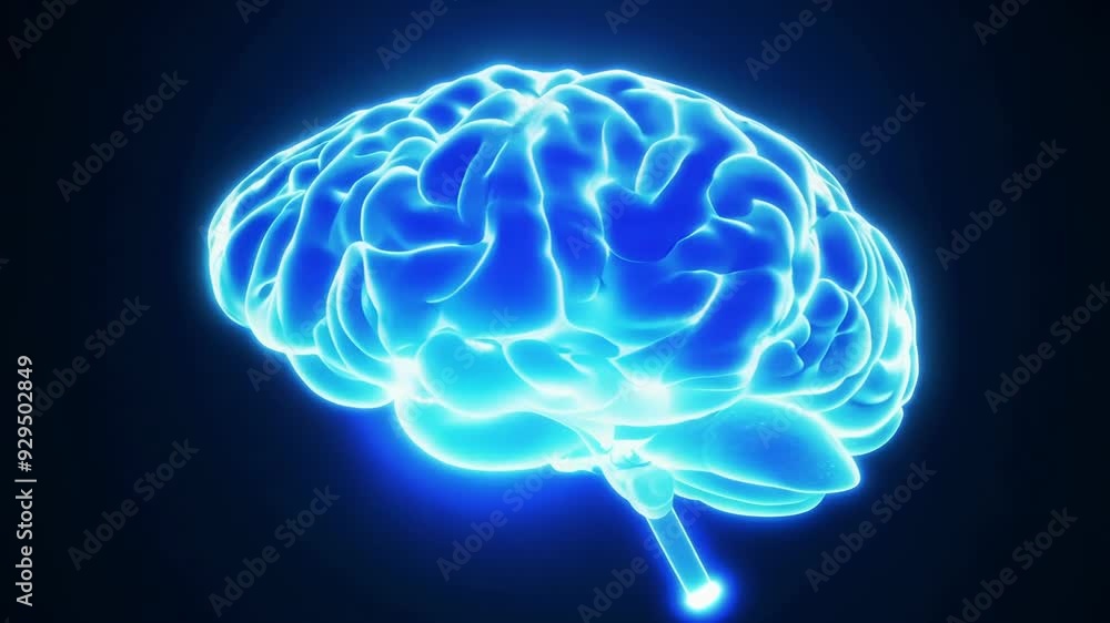 Poster a continuous cycle of movement and light as a rotating blue brain is illuminated by a constant strea