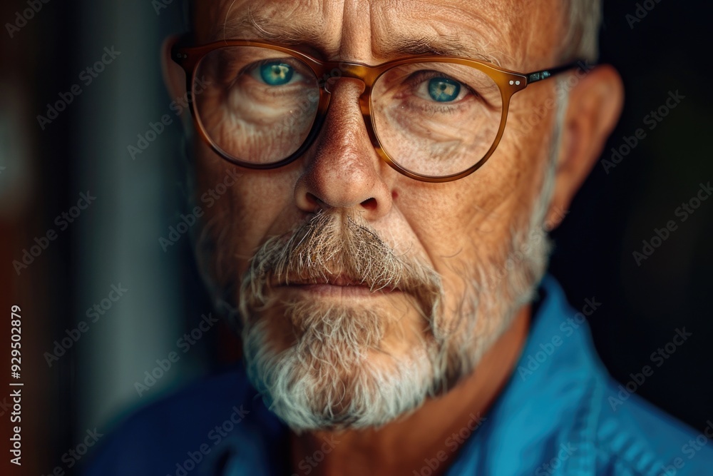 Poster a close-up shot of a man wearing glasses and a beard, suitable for use in portraits or editorial con