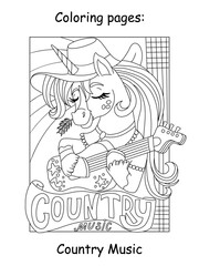 Cute country music unicorn kids coloring vector illustration