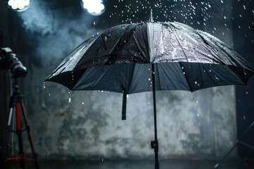 A black umbrella sits on a table in a dark room, with rain pouring down outside