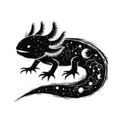 Fototapeta premium silhouette of Axolotl, filled with space and sci-fi element in rough drawing,