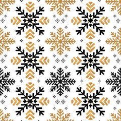Fototapeta premium Seamless knitting pattern with black snowflakes on white background. New Year and Christmas concept. Traditional Fair Isle style. Cozy winter design for print, banner, poster, paper, textile, fabric