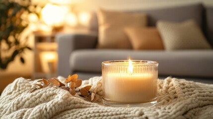 Burning candle in cozy interior