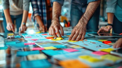 Obraz premium Hands Placing Sticky Notes on a Table During a Brainstorming Session